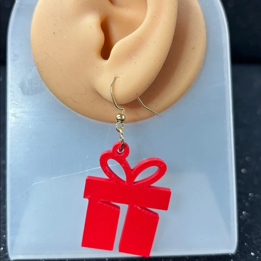 Red Present Dangle Earrings – Christmas Gift Box Earrings in Gold Tone